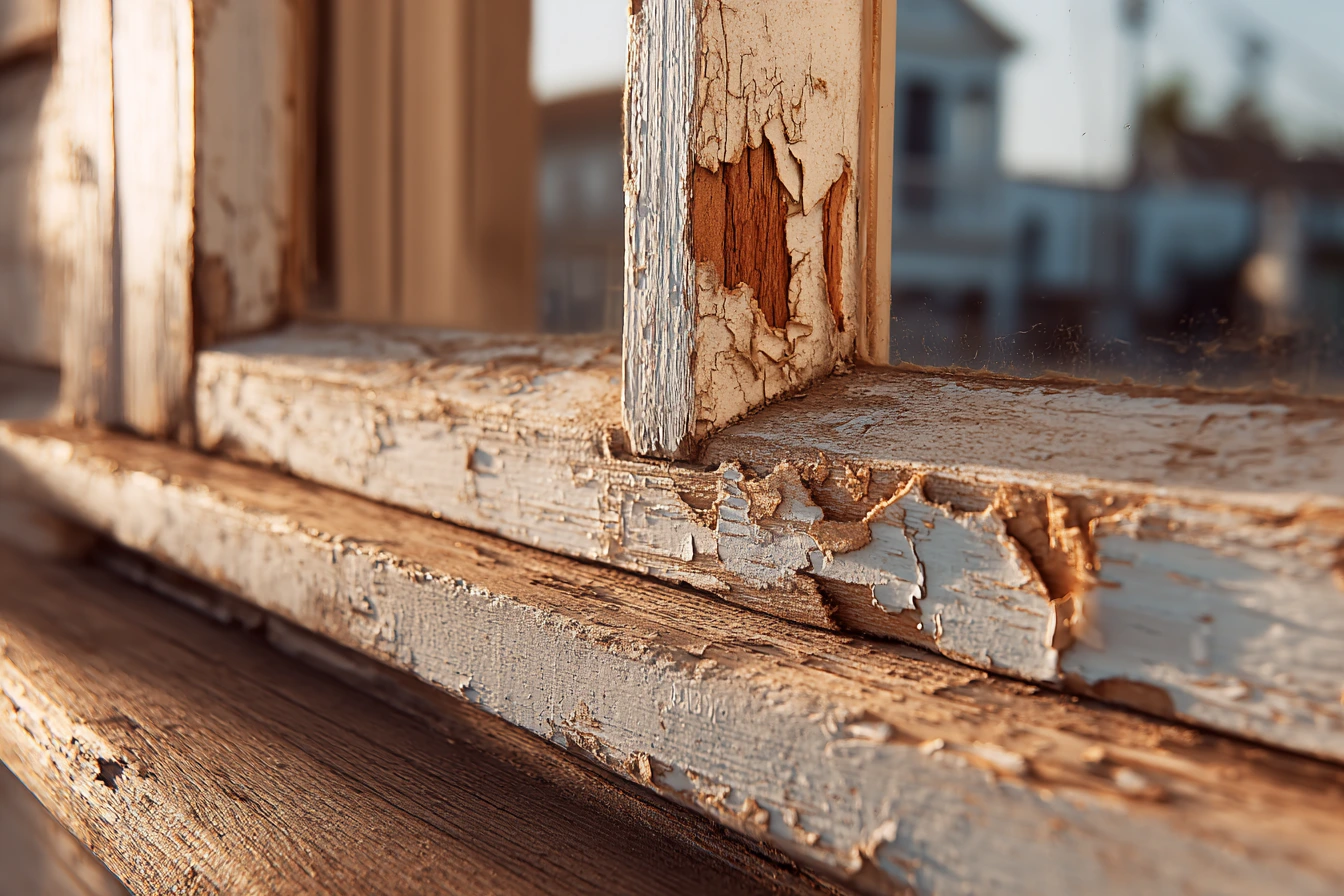 Damaged wooden window frame with visible wear and deterioration typical of older Texas Panhandle homes