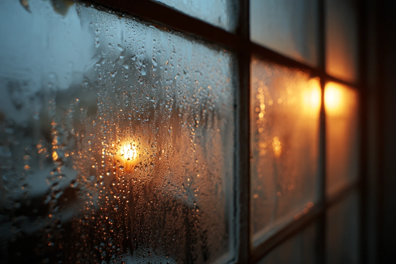 Old single-pane window with condensation and moisture between glass panes - common problem in Amarillo homes