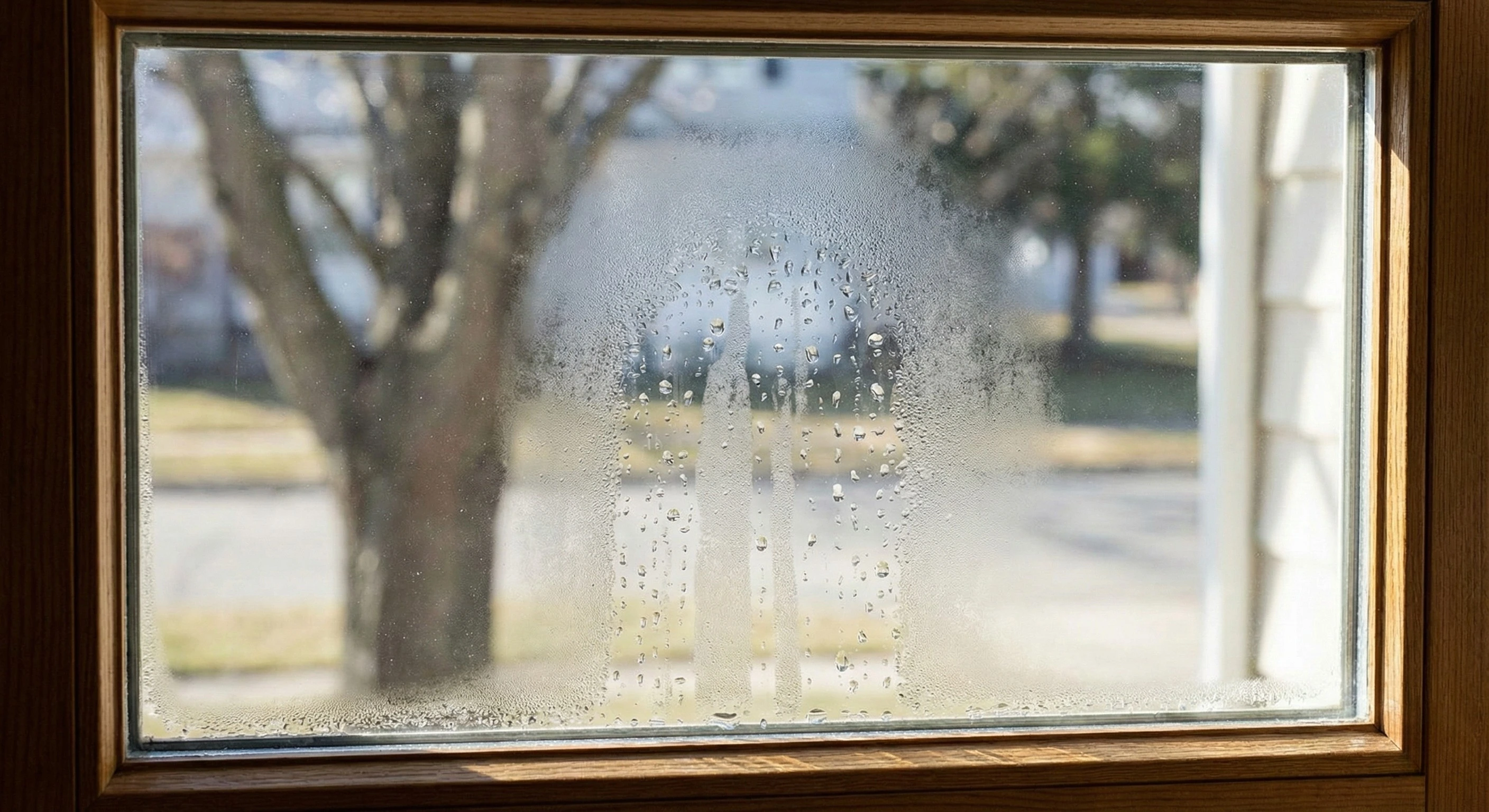Window with condensation between panes showing seal failure